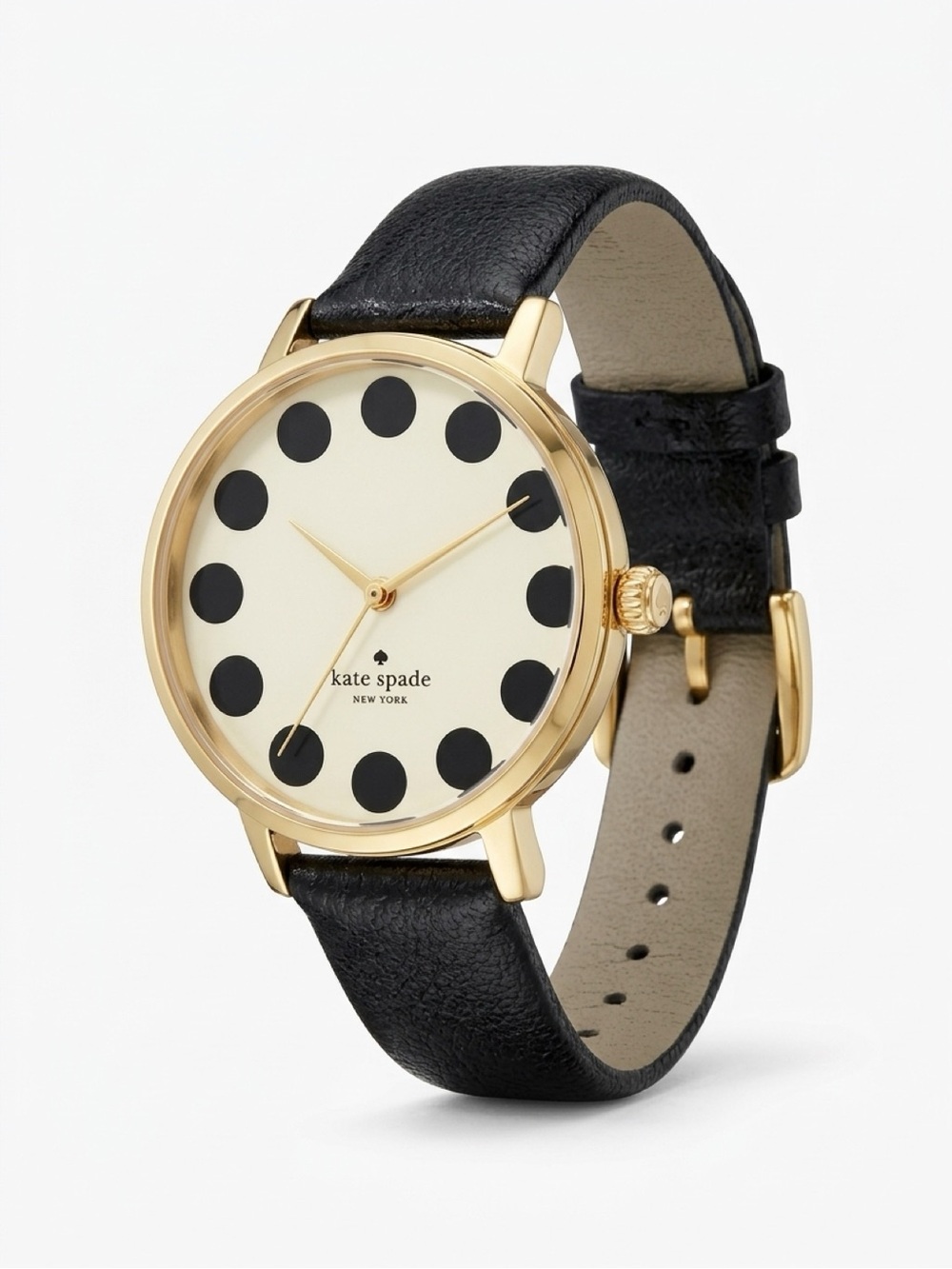 kate spade Gold Case Black Leather Watch with Cream Polka Dot Dial